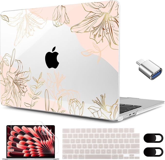 MEEgoodo for M5/M4/M3/M2 MacBook Air 15 inch Case 2026 2025 2024 2023, Case Fit Model (A3448/A3241/A3114/A2941) for MacBook Air 15.3 inch, Gold Flowers Lilies