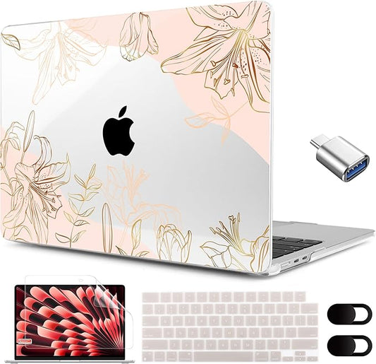 MEEgoodo for M5/M4/M3/M2 MacBook Air 15 inch Case 2026 2025 2024 2023, Case Fit Model (A3448/A3241/A3114/A2941) for MacBook Air 15.3 inch, Gold Flowers Lilies