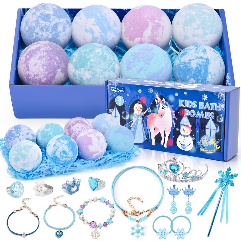 Toylink Kids Bath Bombs for Girls with Surprise Toys Inside, 8 Pack Natural Bath Bombs Handmade Spa Bath Fizzies with Jewelry Set Birthday Christmas Gift