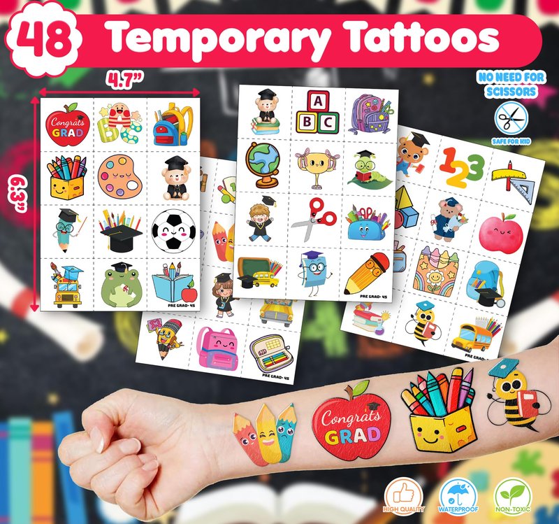 72 PCS Kindergarten Graduation Party Set - 48 Temporary Tattoos & 24 Slap Bracelets - Perfect for Themed Parties, Baby Showers, Classroom Rewards & Gifts for Kids
