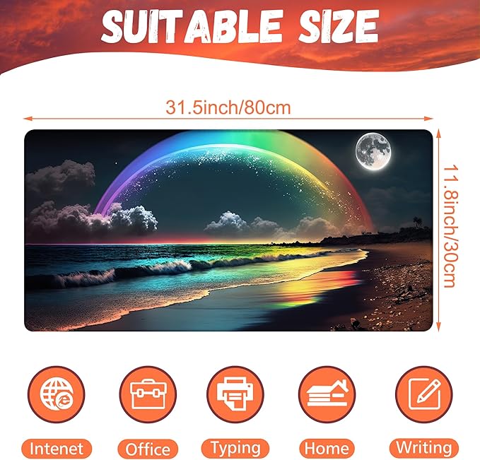 KOAIWPAE Desk Mat, Rainbow and Full Moon Desk Pad, Beach at Night Large Gaming Mouse Pad for Desk, 31.5"x15.7" Extended Big Computer Keyboard Mouse Pad with Non-Slip Base and Stitched Edge