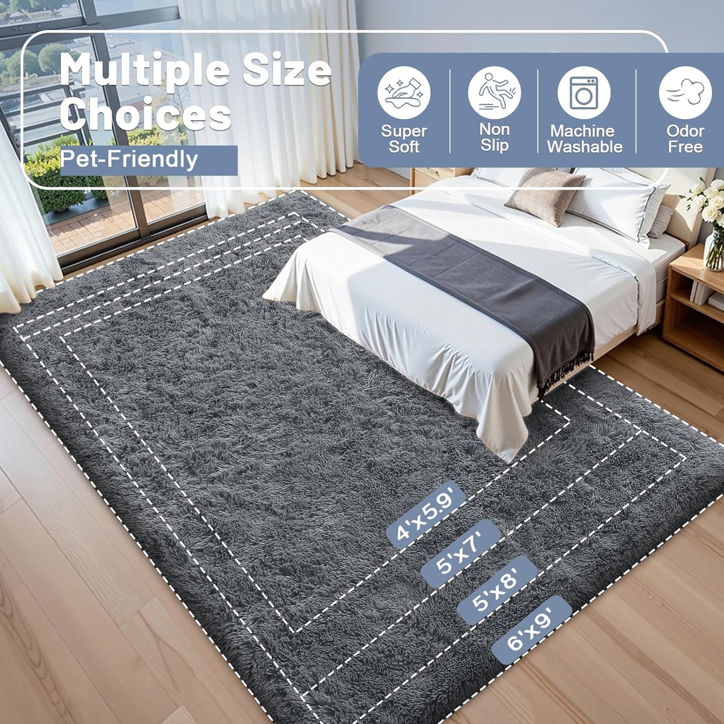 OLANLY 3x6 Machine Washable Runner Rug - Soft Fluffy Shaggy Carpet for Bedroom & Hallway - Grey