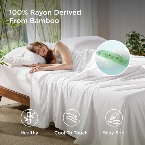 Bedsure Queen Sheet Set - Cooling Rayon Bamboo Sheets | Breathable & Soft, Deep Pocket Up to 16" - White