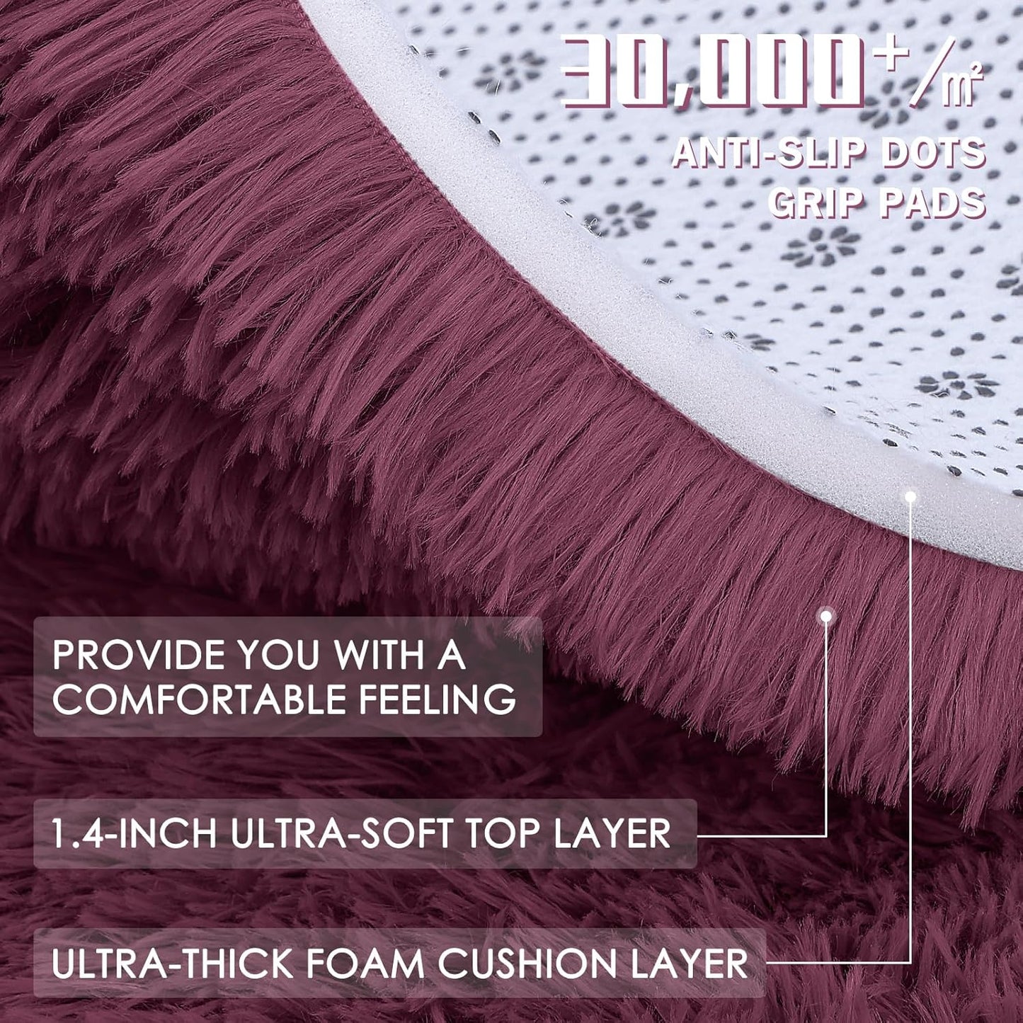 OLANLY Round Burgundy Area Rug - Soft, Fluffy, Machine Washable 9 ft Circle Carpet for Bedrooms & Living Rooms
