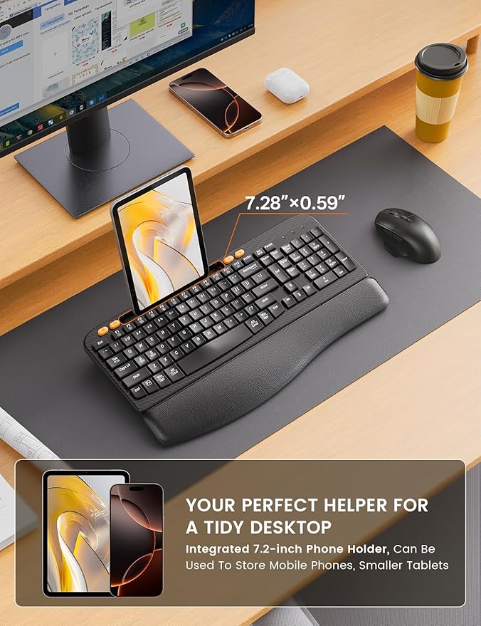Wireless Keyboard and Mouse Combo, Ergonomic Wave Keys, Cushioned Palm Rest, Rechargeable, Phone Holder, Natural Typing, 2.4G Lag-Free, MA22 Plus Full Size Keyboards Set for Windows/Mac -SABLUTE