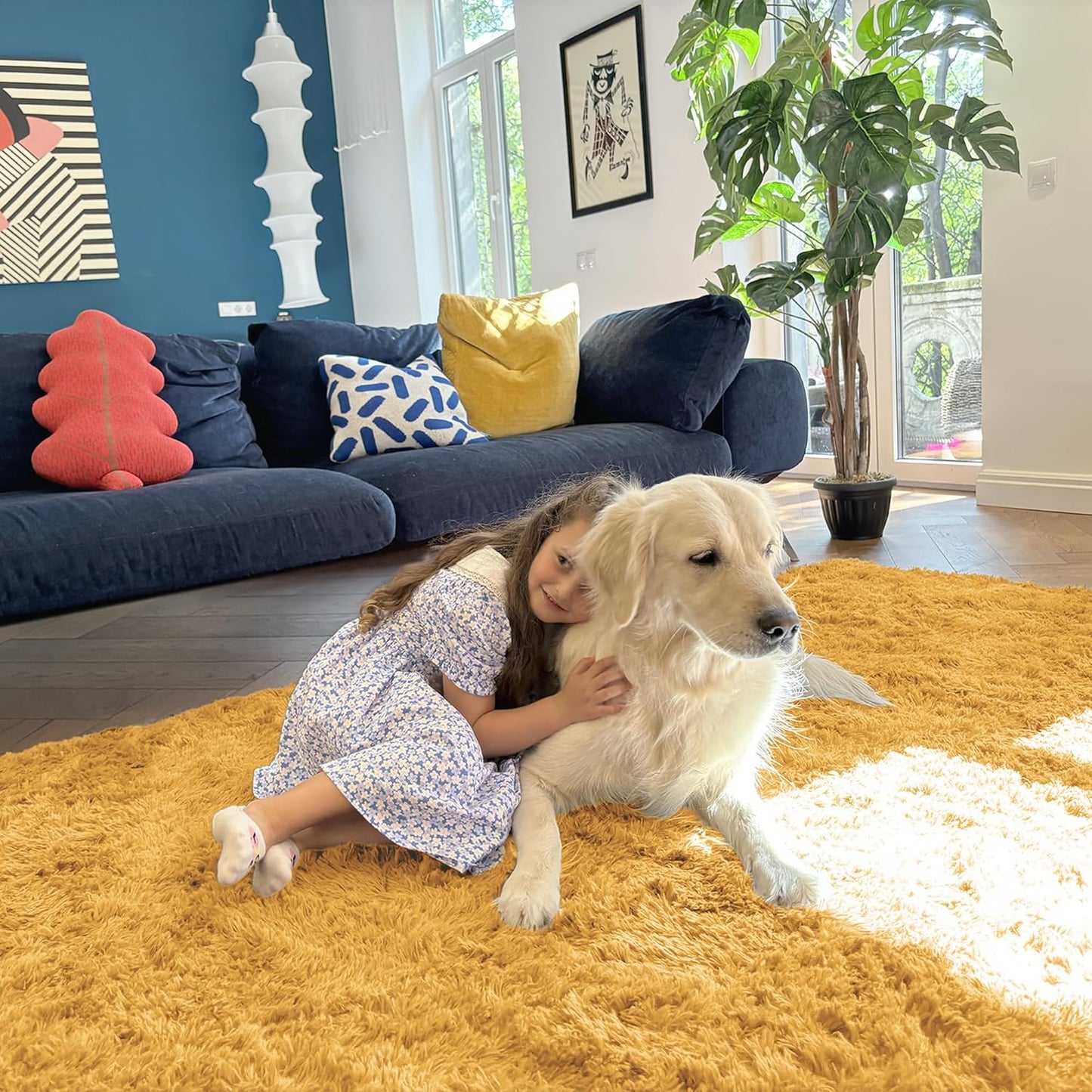 OLANLY Area Rugs - Soft Fluffy Shaggy Indoor Carpet for Living Room & Bedroom | 4x5.9 ft Mustard Yellow