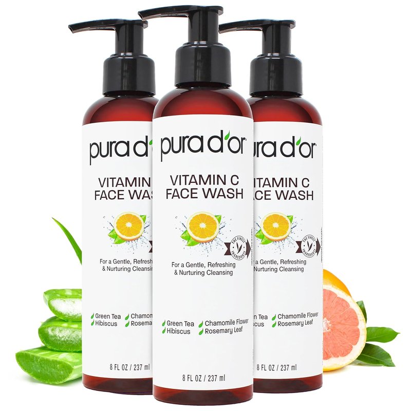 PURA D'OR Vitamin C Face Wash - Antioxidant-Rich Cleanser for Radiant Glow | 24oz (8oz x3)