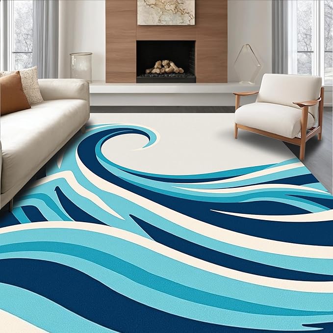 Flatwoven High Traffic Area Rug 5x7, Driftwood Lighthouse Wave Ocean Theme Bathroom, Non Slip, Stain Resistant, Washable Area Rugs for Living Room, Bedroom (Dark Blue, 5x7)