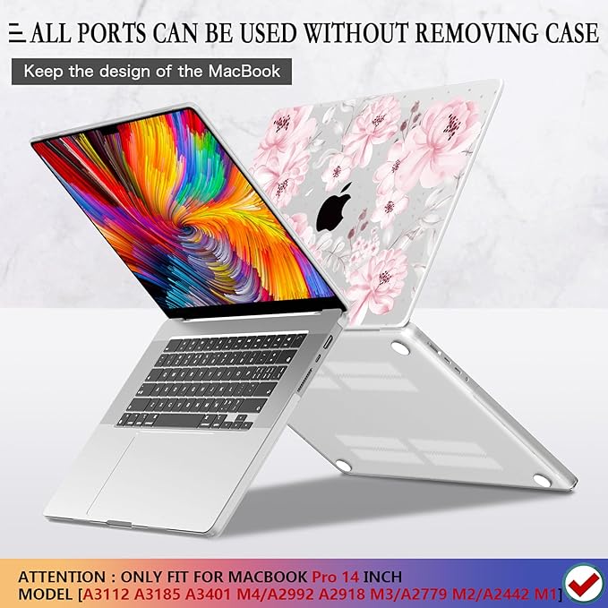 CISSOOK Compatible with MacBook Pro 14 inch 2026-2021 Release M5 M4 M3 M2 M1 Chip A3434 A3427 A3426 A3112 A3185 A3401, Hard Shell Case Keyboard Cover Screen Protector, Cute Pink Flower