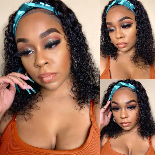 Maytune Headband Wig Curly Human Hair 14 Inch Headband Wigs Glueless Deep Wave None Lace Front Wigs for Black Women Water Wave Headband Wigs 150% Density Natural Color