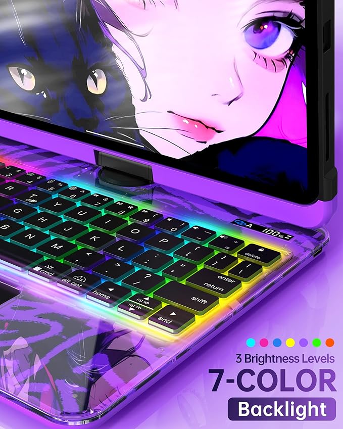 Intermerge Transparent Case with Keyboard for iPad Pro 13" (M5/ M4,2025/2024) 2024, 360° Multi-Touch Trackpad, 7-Color RGB Backlit Keyboard, Pencil Holder, Type-C, Power Indicator - Neon Pulse