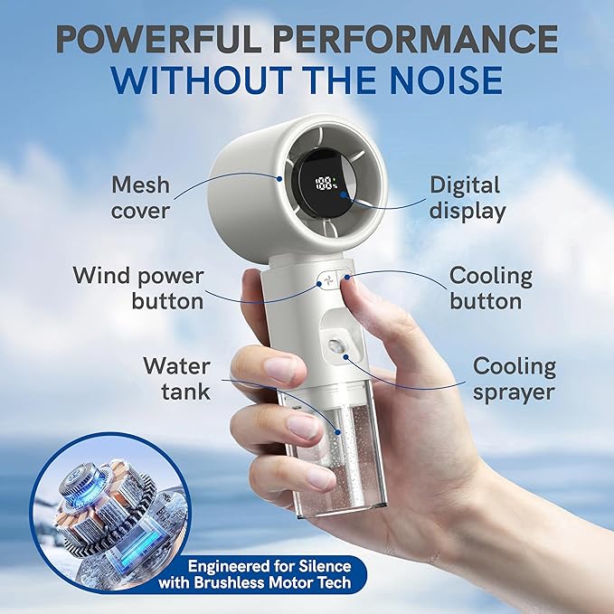 ValoInv Valo Portable Rechargeable Fan - Mini Cooling Fan for Travel, USB Desk Personal Fan with 100 Speeds, Water Cooling Technology, 50ml Tank, Quiet Operation, 2,000 mAh Battery - Titanium Gray