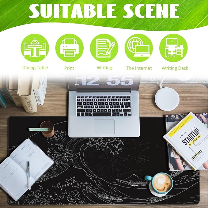 Eflxamz Desk Mat, Black Japanese Sea Wave Desk Pad, Extended Big Computer Keyboard Mouse Pad with Non-Slip Base and Stitched Edge, 35.4"x15.7"
