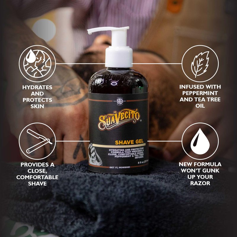Suavecito Shave Gel 8 oz. Pump Bottle, Peppermint and Tea Tree Infused, Clear Formula That Hydrates and Protects Skin