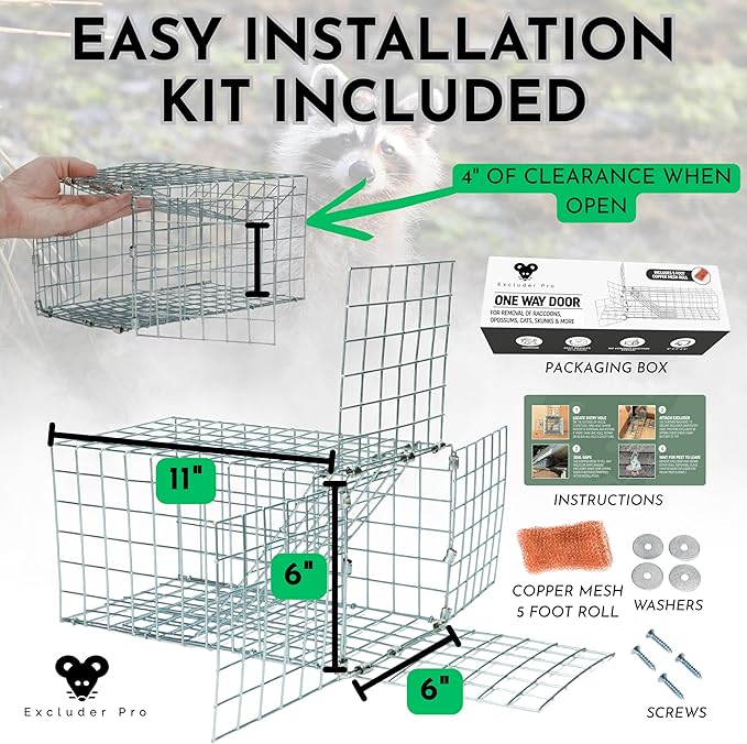 Animal One Way Exit Door - 6" Excluder Device for Raccoon, Squirrel, Skunk Trapped in Attic, Chimney, Under Deck â Eviction System with Installation Kit - Wildlife Pest Control Humane Animal Removal