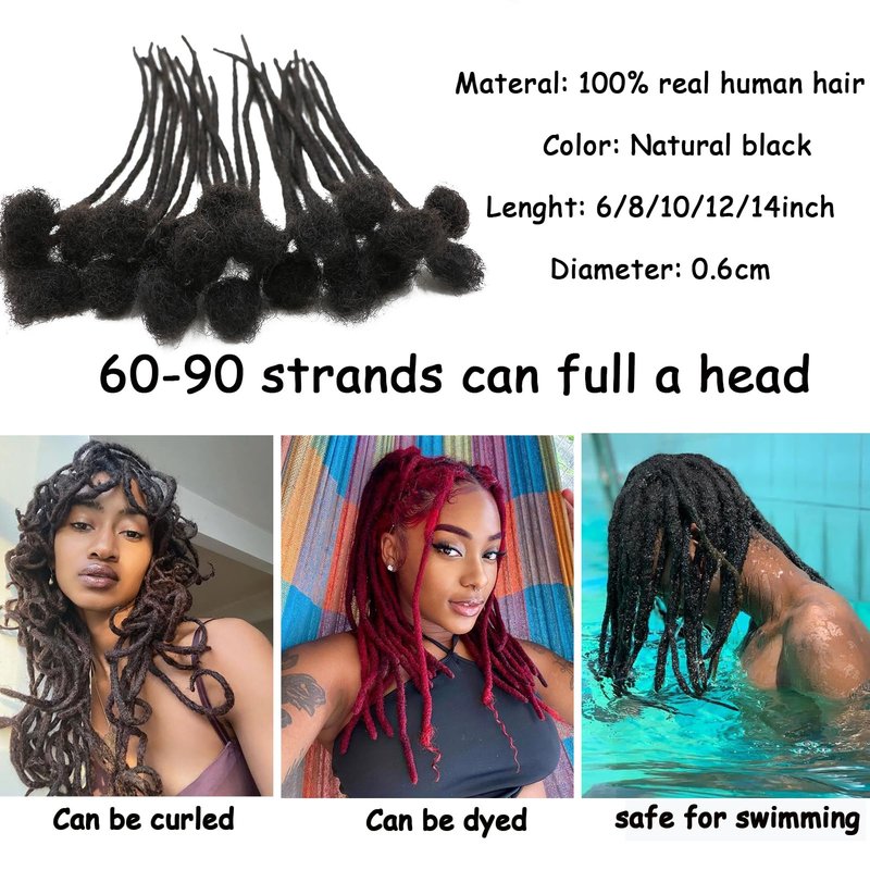 Coriario 0.4 cm Real Human Hair Dreadlock Extensions 8 inch 30 Strands Full Handmade Permanent Loc Extensions Human Hair Natural Black Dreads Extensions for Men Women Kids