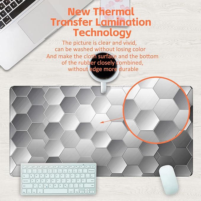 KOAIWPAE Large Gaming Mouse Pad for Desk, Silver Technology Honeycomb Desk Mat, Sci-Fi Honeycomb Desk Pad, 31.5"x15.7" Extended Big Computer Keyboard Mouse Pad with Non-Slip Base and Stitched Edge