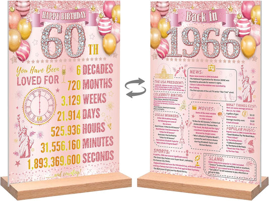 Pink Rose Gold 60th Birthday Decorations - Vintage 1966 Poster & Acrylic Table Sign with Stand