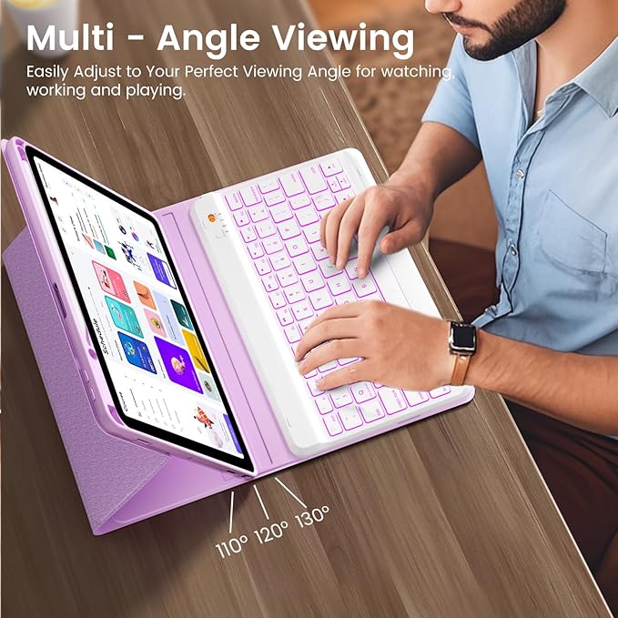 OPAKIT Keyboard Case for iPad Air 5th/4th Pro 11 inch, 7-Color Backlit Detachable Wireless Keyboard Case with Pencil Holder, Stand Folio Cover for Gen 2020/2022, Pro 4th/3rd/2nd/1st Gen, Purple…