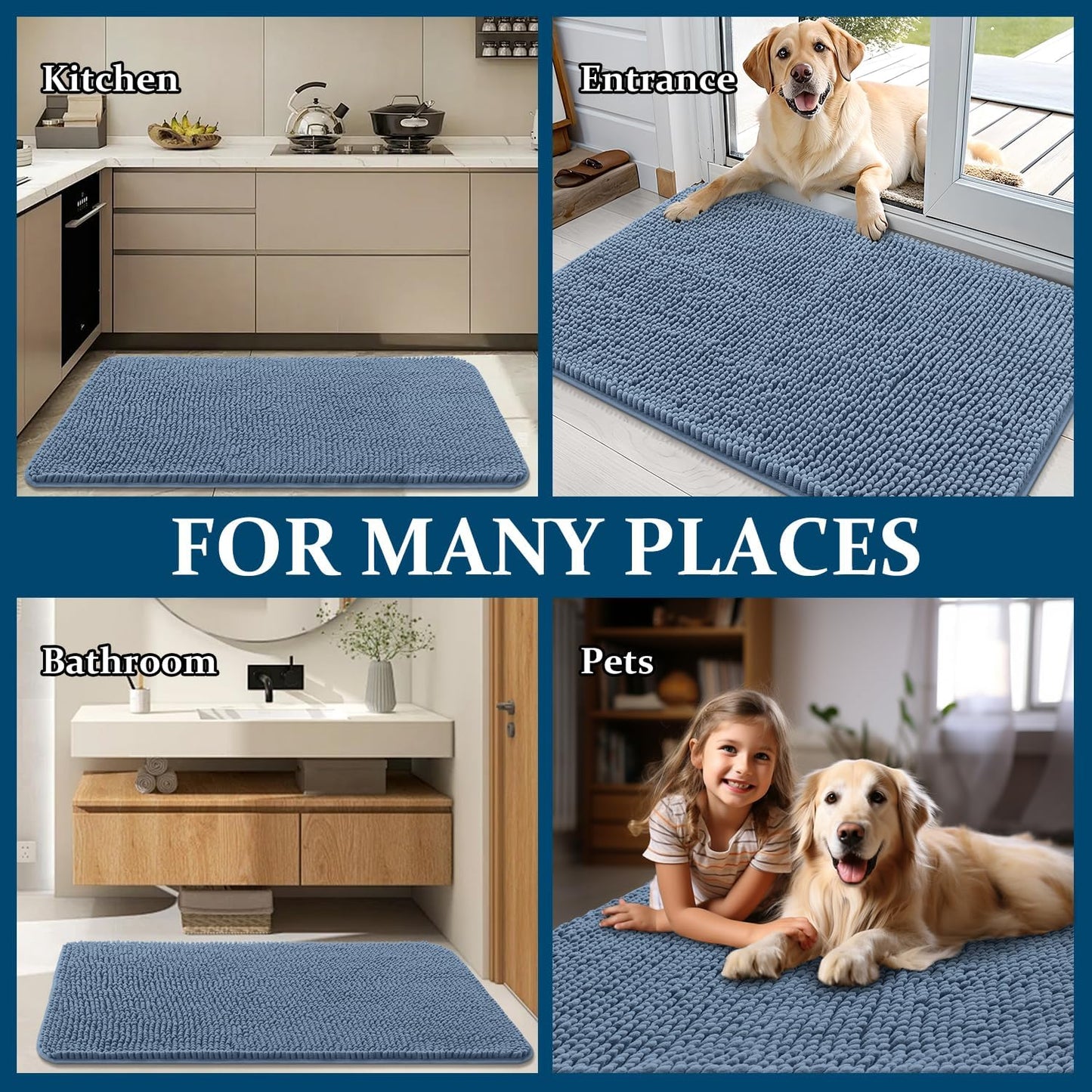 OLANLY Dog Door Mat - Absorbent Non-Slip Chenille for Muddy Paws | Quick Dry 47x20, Airy Blue
