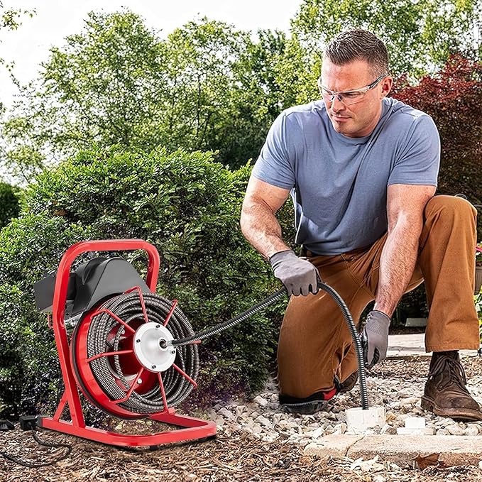 Drain Cleaner Machine, 75FT x 1/2 Inches Electric Drain Snake, 370W Auto Feed Sewer Snake Auger, Sewer Snake with 4 Cutters and Pneumatic Foot Switch, for 1" to 4" Pipes, High Armrests for Sinks