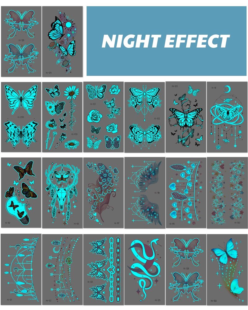 Onogola 20 Sheets Glow In The Dark Butterfly Temporary Tattoos for Women, Luminous Flower Butterflies Wings Fake Tattoo Stickers Art Makeup Waterproof for Face Body Arm Party Favors