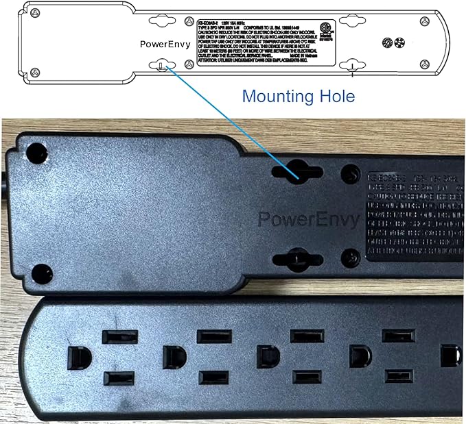 PowerEnvy 6-Outlet Surge Protector – 250 Joules, 6ft Cord, 15A/125V, 1875W Max – Right Angle Plug, Black – Home, Office, & Electronics Protection