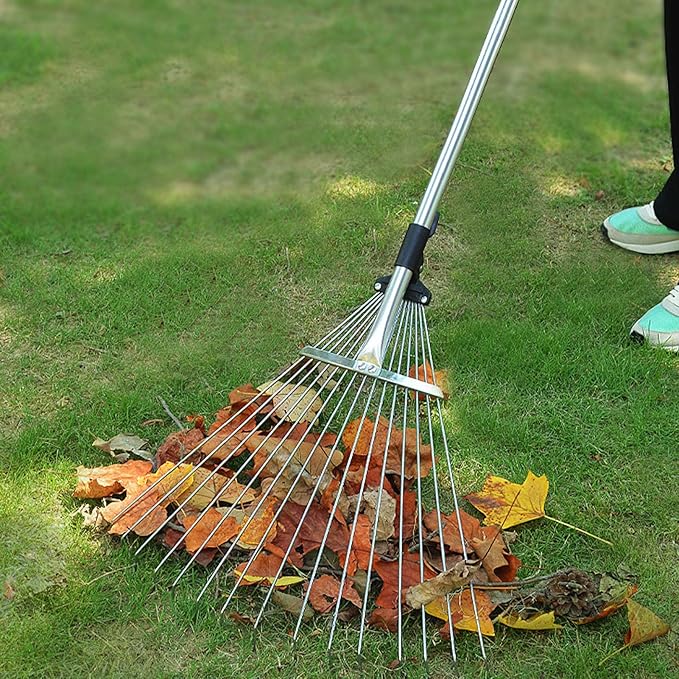 Adjustable Collapsible Garden Leaf Rake Aluminum Alloy Lawn Yard Rake for Leaf Cleaning Flower Bed and Outdoor Gardening (15 Teeth 81â160cm Length 18.5â55.5cm Width)