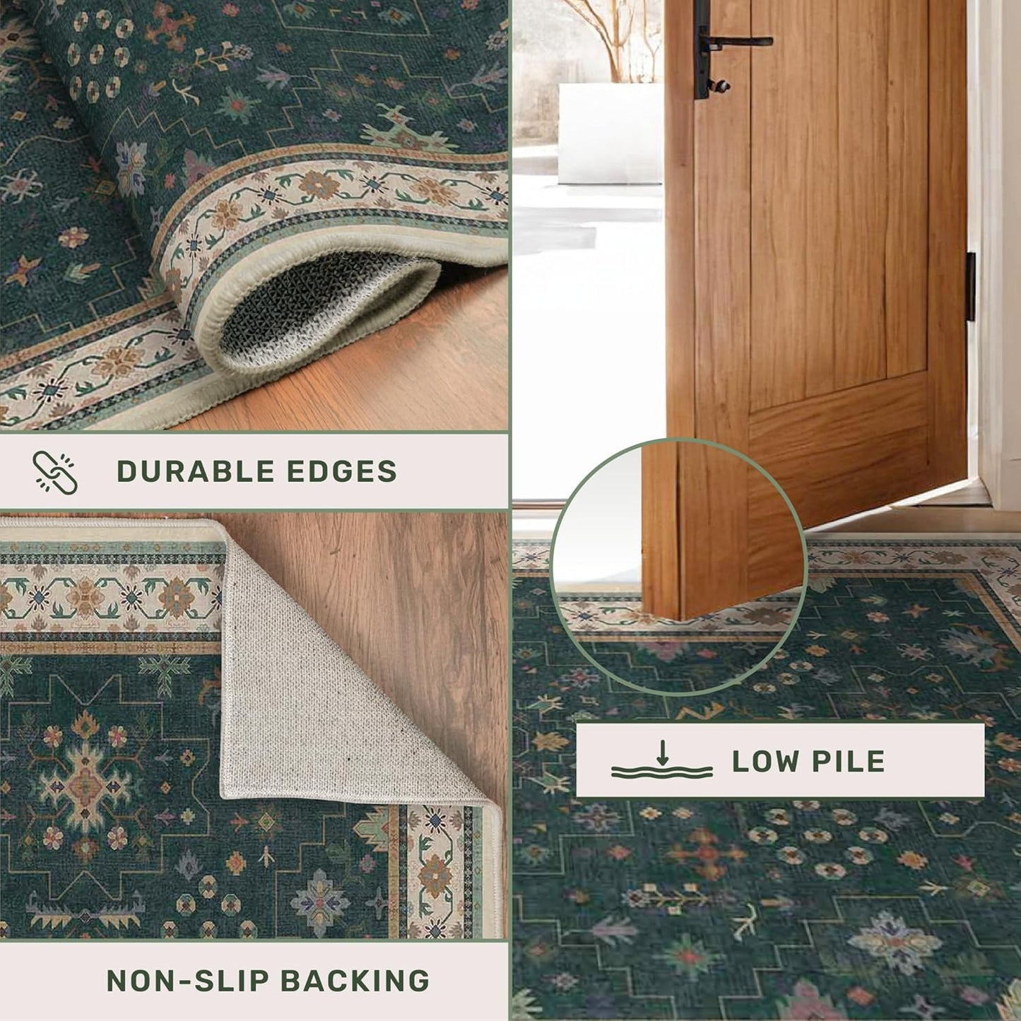 Regine Switzerland Dark Green Washable Kitchen Runner Rug - 2'6"x8' Non-Slip Rubber Backing, Stain Resistant