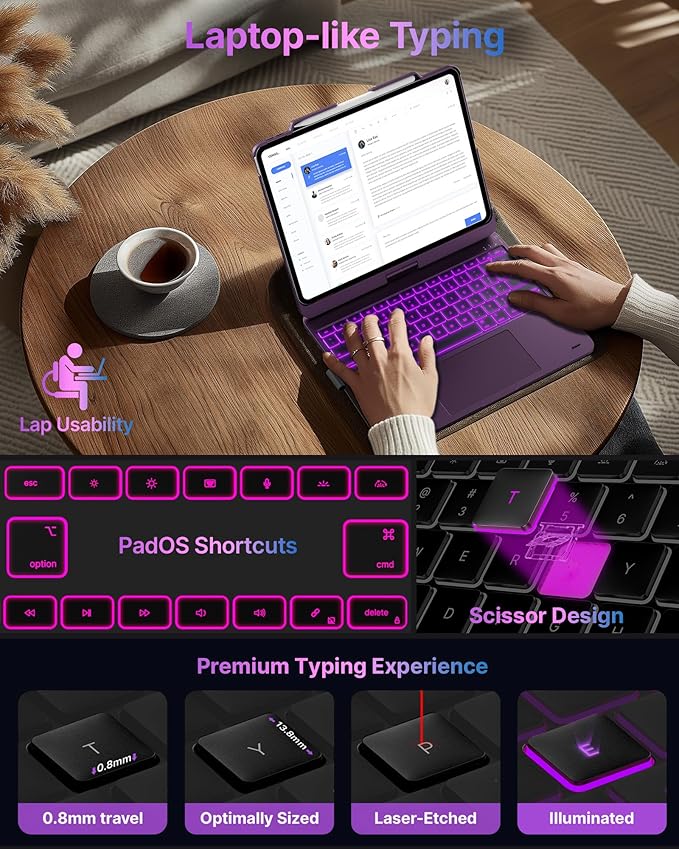 typecase Touch Case with Keyboard for iPad Pro 13"(M5/M4, 2025/2024), iPad Air 13"(M4/M3/M2, 2026/2025/2024) & iPad Pro 12.9", Trackpad, 360° Rotatable, 11-Colors Backlit, Soft Purple
