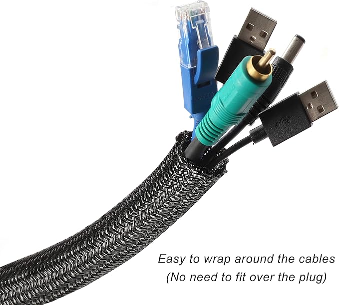 CrocSee 10ft - 3/4 inch Braided Cable Management Sleeve Cord Protector - Self-Wrapping Split Wire Loom for TV/Computer/Home Theater/Engine Bay - Black
