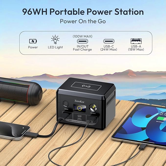 Solar Power Bank with AC Outlet 110V 65W, 100W USB C Power Bank Fast Charging Battery Pack with 30W solar charger Panel Foldable for Laptop Smart Device Outdoor Hiking fishing Power Outage Backup