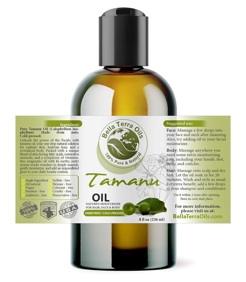 Bella Terra Oils - Natural Tamanu Oil 8 oz - Treasure Chest of Skin Nourishment, High in Vitamin E & Fatty Acids, Enhance Your Skin's Natural Glow
