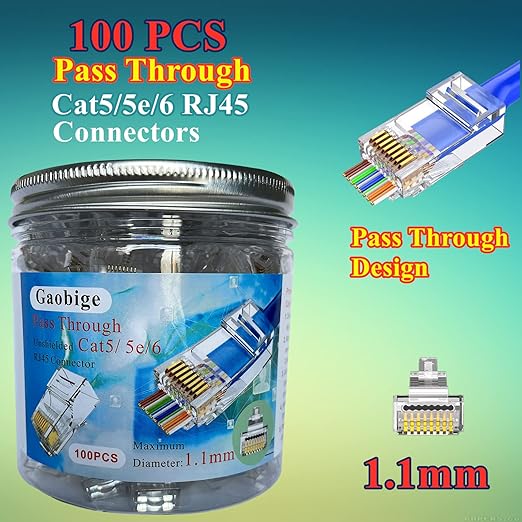 Gaobige 100-PACK Cat5 Cat5e Cat6 RJ45 Pass Through Connectors Ends, 1.1mm Unshielded Connectors for Solid Wire and Standard Cable