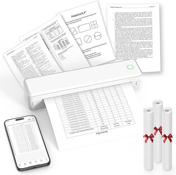 KNAON Bluetooth Thermal Printer, Portable Printer Wireless for Travel,Office&School, Includes 3 Rolls Paper – Supports US Letter,A4 Thermal Paper, Inkless Printing, Compatible with iOS,Android&Laptops