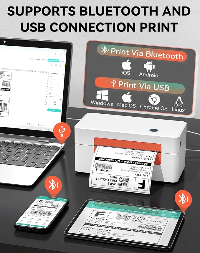LFPERT Bluetooth Thermal Label Printer, Wireless 4x6 Shipping Label Printer for Small Business & Shipping Package Compatible with Android, iOS, Windows & Mac, Used for Amazon, Ebay, Shopify, USPS Etc