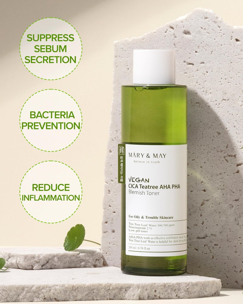 Mary&May Vegan CICA Tea Tree AHA PHA Blemish Toner - Oil Control and Skin Soothing Exfoliating Face Toner - Protects Skin Barrier, for Clear and Healthy Skin, 6.76 fl.oz.