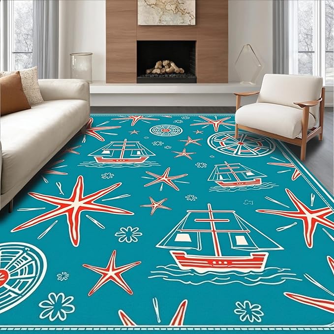 Flatwoven High Traffic Area Rug 3x5, Oceanic World Map with Starfish and Sailing Vessel Illustrations, Non Slip, Stain Resistant, Washable Area Rugs for Living Room, Bedroom (Blue, 3x5)