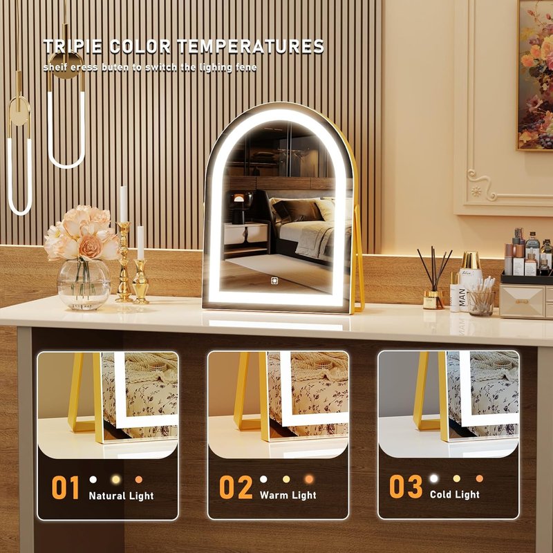 Vanity Mirror with Lights - 16" LED Makeup Mirror | Smart Touch Control, 3 Color Dimmable, 360° Rotation, Gold