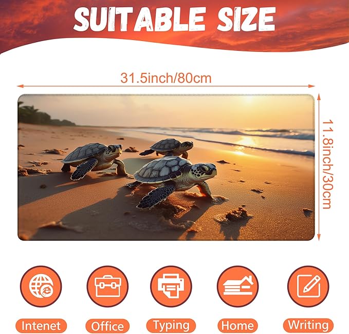 KOAIWPAE Large Gaming Mouse Pad for Desk, Baby Turtles On Beach Desk Mat, Cute Sea Turtle Desk Pad, 31.5"x15.7" Extended Big Computer Keyboard Mouse Pad with Non-Slip Base and Stitched Edge