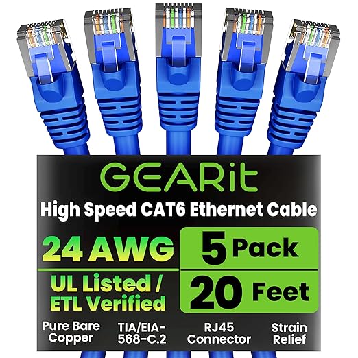 GEARit Cat 6 Ethernet Patch Cable 20 ft Blue (5 Pack) - Cat6 Patch Cables 20ft Blue/Ethernet Patch Cable, 10Gbps 550MHz 24AWG Pure Copper, Snagless, Gold Plated RJ45 for Router, Server, Router, PC