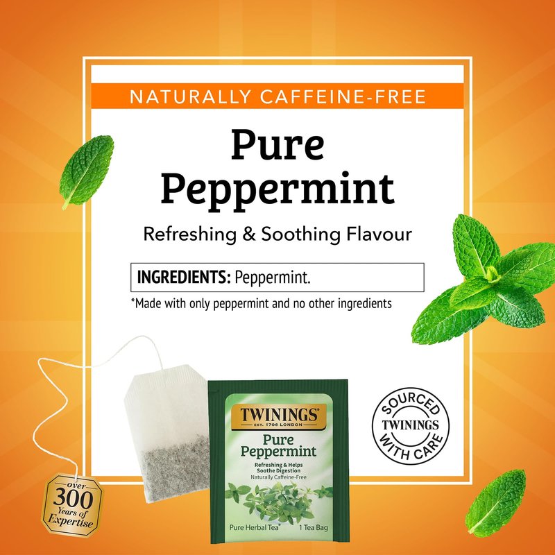 Twinings Pure Peppermint Herbal Tea Individually Wrapped Bags, 25 Count (Pack of 6), Fresh Minty Flavour, Naturally Caffeine-Free, Enjoy Hot or Iced, 150 Teabags