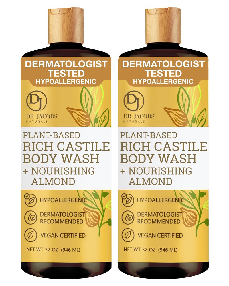 Dr. Jacobs Naturals Pure Castile Soap Liquid Body Wash, Almond - Plant Based Castile Soap Infused with Vitamin E and Aloe Vera to Moisturize Dry and Sensitive Skin - Made in The USA - 32 oz, Pack of 2