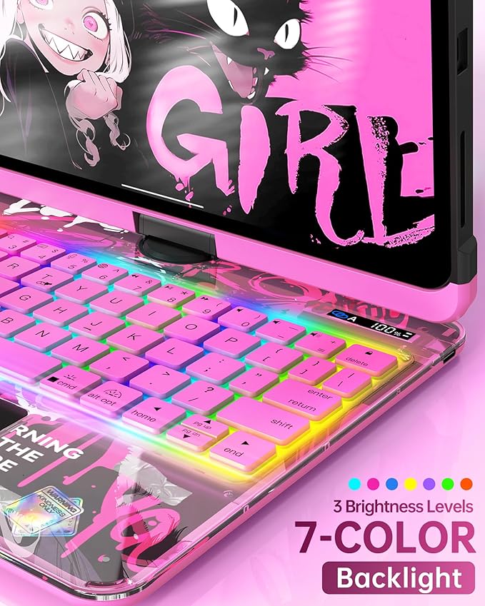 Intermerge Clear iPad A16 11th (2025) & 10th Generation 10.9" Case with Keyboard, 360° Transparent Multi-Touch Trackpad, 7-Color RGB Keyboard, Pencil Holder, Type-C, Power Indicator, Blush Pulse