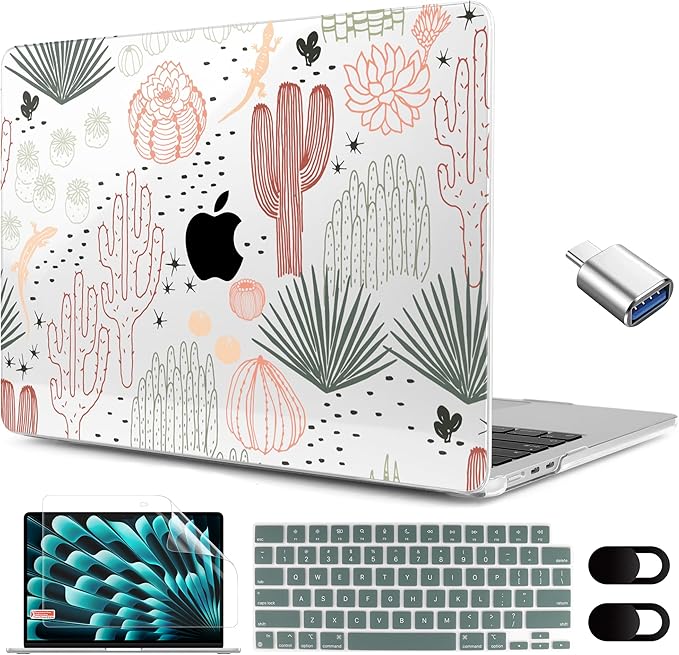 MEEgoodo for M5/M4/M3/M2 MacBook Air 15 inch Case 2026 2025 2024 2023, Case Fit Model (A3448/A3241/A3114/A2941) for MacBook Air 15.3 inch, Cacti