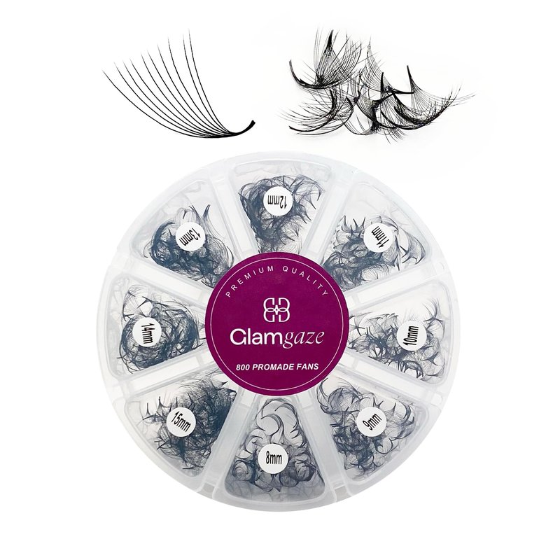 GLAMGAZE 800 Promade Fans 8-15mm Mixed Lengths - 5D to 16D, C CC D Curl, 0.05-0.07mm Thickness - Premade Lash Fans Volume Lash Extensions Loose Premade Fans Eyelash Extensions (12D-0.05-CC 8-15mm)