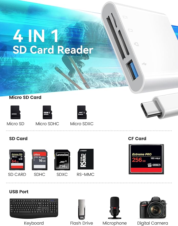 OPxjzws SD Card Reader, USB C to Micro SD/TF/CF Memory Card Reader, 4 in 1 USB Type C Camera Adapter for iPhone 15, iPad Pro, MacBook, Supports Memory Card SD/Micro SD/TF/Compact Flash
