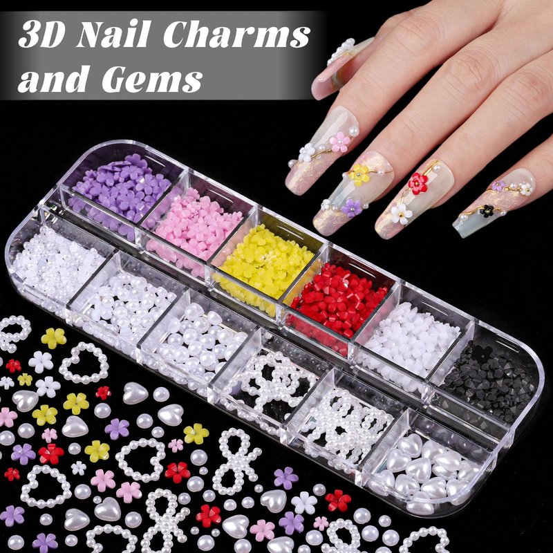 Nail Charms and Gems, Nail Art Kit with 30 Sheets Flower Nail Stickers, 6 Boxes 3D Nail Charms Colorful Clear Flatback Rhinestones Pearls, Diamonds,Picker Tools,Beads Pearls for Nails Art