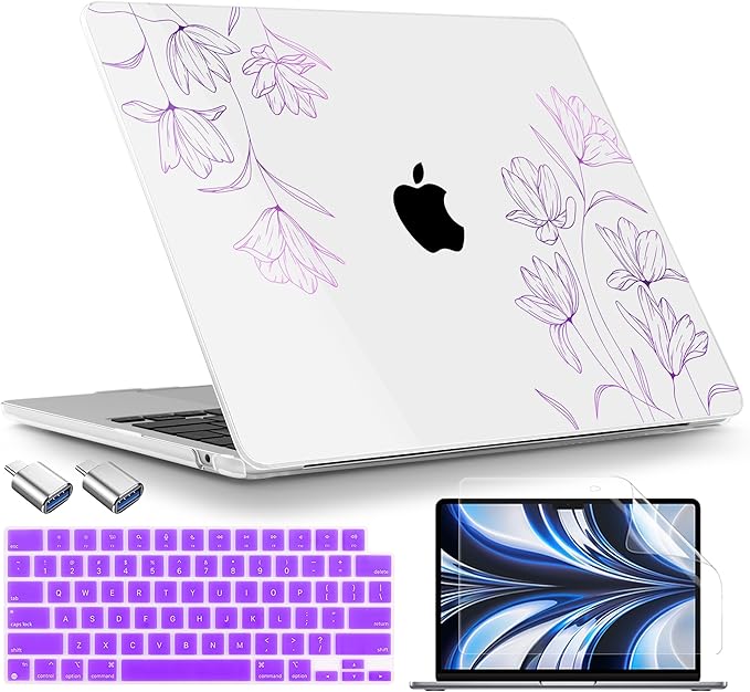 TWOLSKOO for MacBook Air 13 inch Case M4 A3240 M3 A3113 M2 A2681 2025 2024 2022 Plastic Hard Shell, Keyboard Cover, Type C Adapter, Screen Protector for MacBook Air 13.6 inch, Engraved Floral2