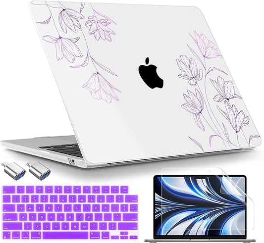 TWOLSKOO for MacBook Air 13 inch Case M4 A3240 M3 A3113 M2 A2681 2025 2024 2022 Plastic Hard Shell, Keyboard Cover, Type C Adapter, Screen Protector for MacBook Air 13.6 inch, Engraved Floral2